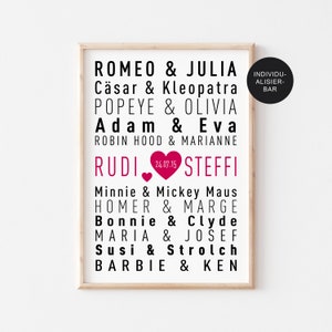 Poster Traumpaare personalisiert als Geschenk zur Hochzeit, Geschenk Hochzeitstag, Liebespaare, Berühmte Paare, Hochzeitspaar als Druck