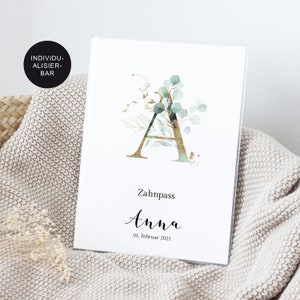 Zahnpass Hülle "Eukalyptus" personalisiert mit Namen für das zahnärztliches Untersuchungsheft / U-Heft Zahnarzt / Geschenk Geburt