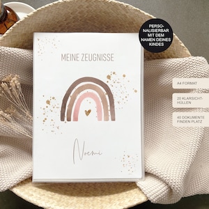 Mappe Zeugnis "Regenbogen" personalisiert mit Namen für Mädchen als Geschenk Einschulung Grundschule / Sammelmappe und Dokumentenmappe / A4
