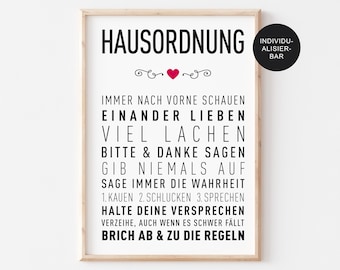 Poster "Hausordnung" mit Familien Regeln und Spruch - Zusammen leben – Schlicht in Schwarz Weiß – Kunstdruck mit Typographie als Druck