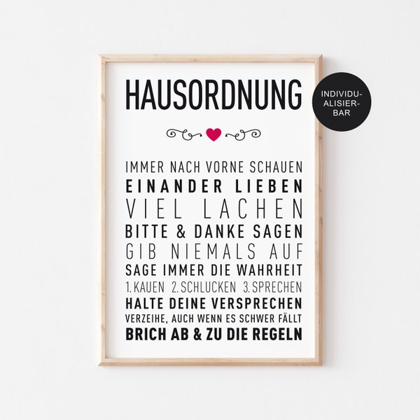 Poster "Hausordnung" mit Familien Regeln und Spruch - Zusammen leben – Schlicht in Schwarz Weiß – Kunstdruck mit Typographie als Druck