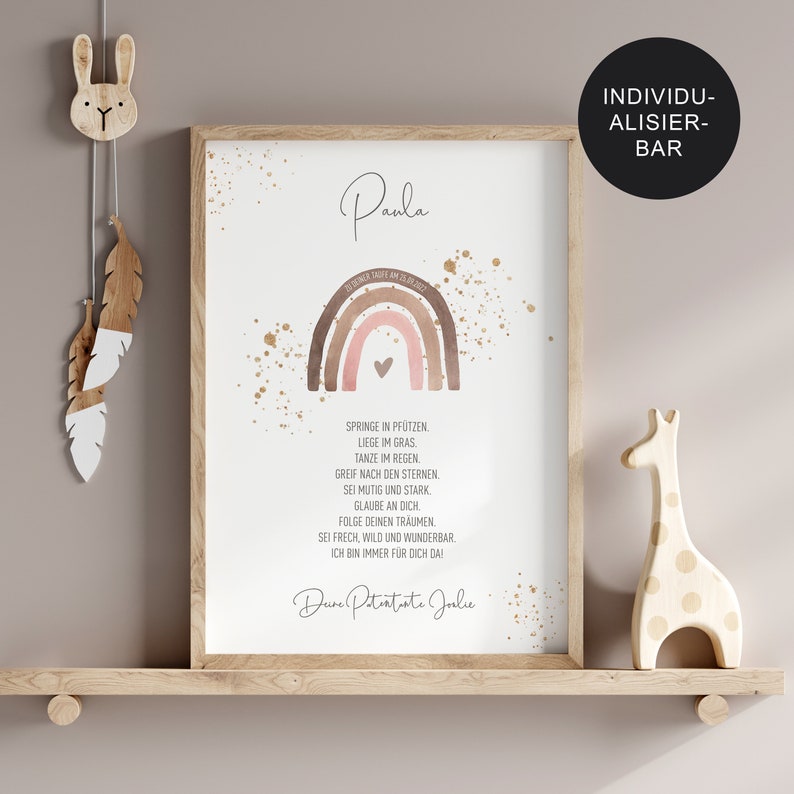 May include: A watercolor rainbow with a pink heart in the center, with the name "Paula" and a personalized message in brown text. The background is white with gold glitter splatters.