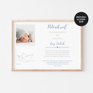 Patenbrief "Papierschiff" personalisiert als Taufgeschenk für die Paten mit Foto – Patenurkunde als Erinnerung als Pdf oder digital