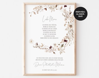 Godparent letter baptism "meadow flowers" - personalized baptism gift for godchild - godparent certificate for girls and boys - baptism letter