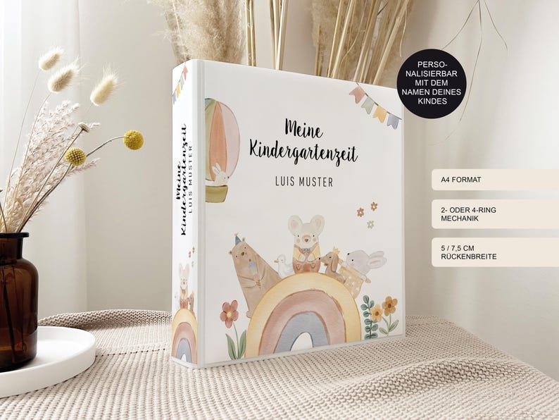 Kindergarten Ordner Regenbogen Doodle personalisiert mit Namen als Geschenk / Sammelmappe und Ringordner für Krippe Schule oder Kita / A4