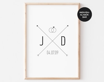 Wedding gift personalized poster with initials and wedding date, monogram, wedding guest gift, Valentine's Day, wedding ring