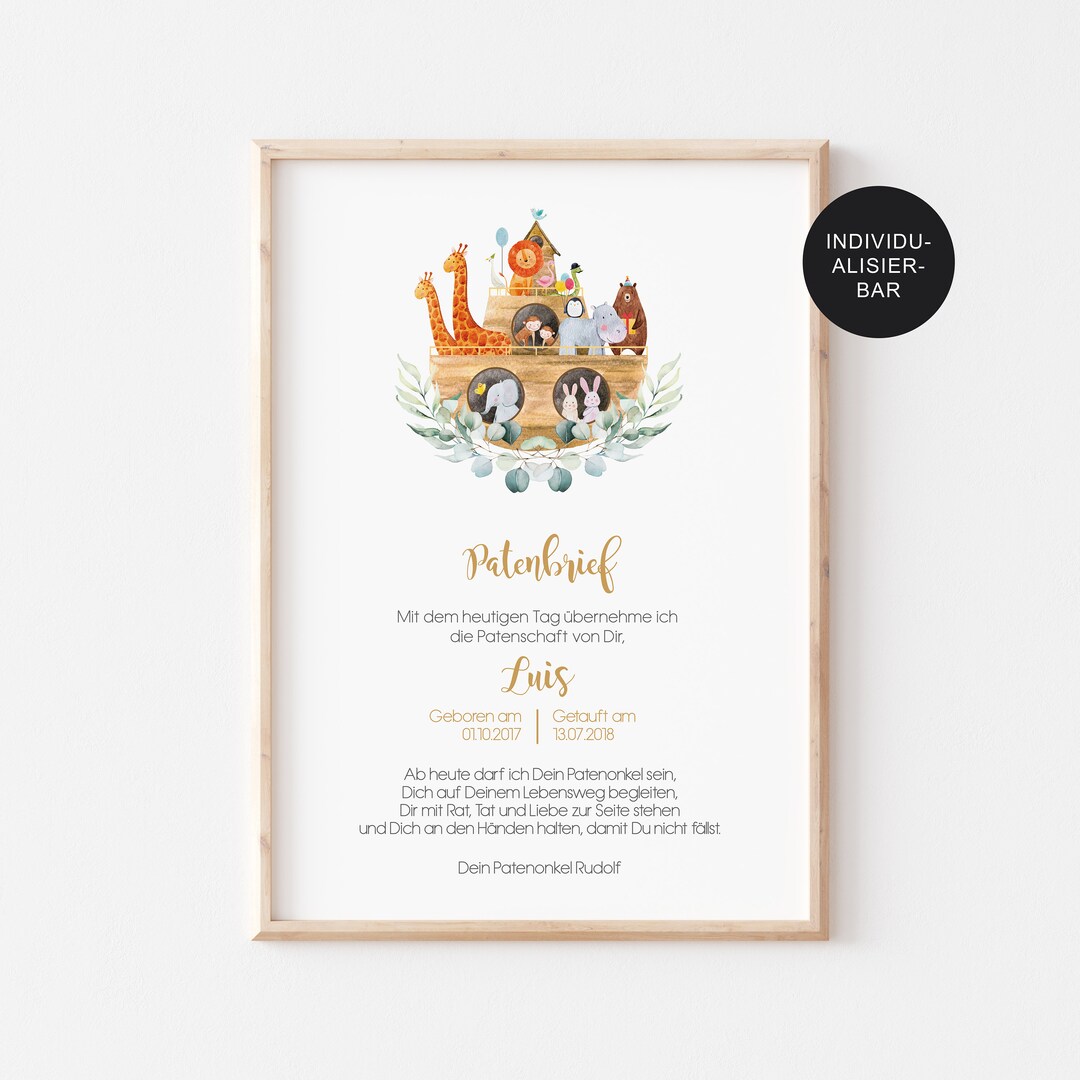 Patenbrief Taufe "Arche Noah" personalisiert Geschenk an das Patenkind ...