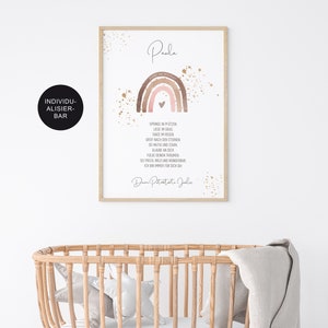 May include: A watercolor rainbow with a pink heart in the center, surrounded by gold glitter. The text "Paola" is at the top of the image, and a poem in German is below the rainbow. The poem reads: "Springe in Pf&uuml;tzen, liege im Gras, tanze im Regen, greif nach den Sternen, sei mutig und stark, glaube an dich, folge deinen Tr&auml;umen, sei frech, wild und wunderbar, ich bin immer f&uuml;r dich da." The text "Deine Patentante Julia" is at the bottom of the image.