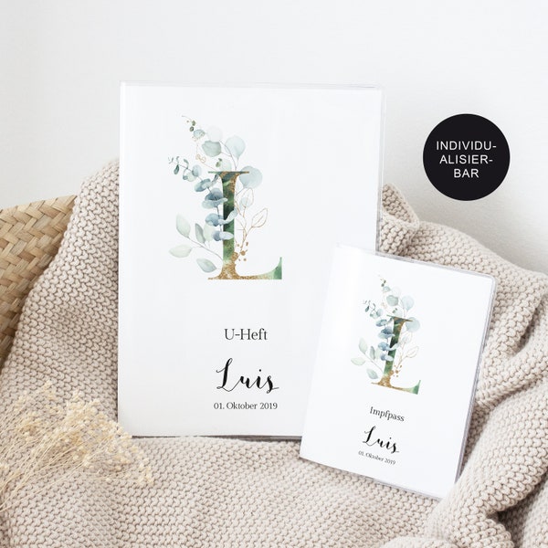 Personalized child health record booklet and vaccination card set with name, for girls and boys, with 3 compartments, name, birth gift, custom design, watercolor
