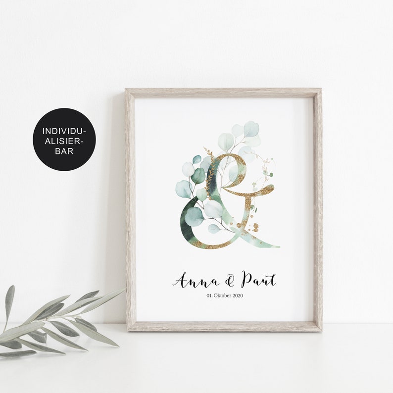 Poster: Wedding date personalized wedding gift to the bride and groom, eucalyptus, gold, individual, wedding couple, typography image 4