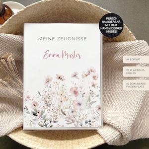 Mappe Zeugnis "Flowers" personalisiert mit Namen für Mädchen als Geschenk zur Einschulung Grundschule / Sammelmappe und Dokumentenmappe / A4