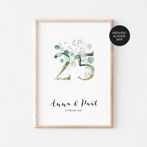 Poster Silver Wedding with wedding date and names personalized, gift Silver Wedding, eucalyptus, gold, individual