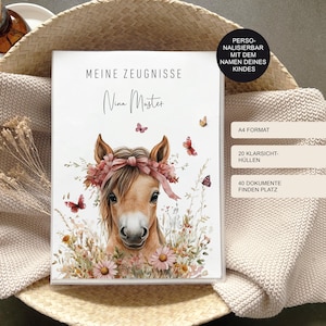 Zeugnismappe "Pferd Blumen" personalisiert mit Namen für Jungen und Mädchen als Geschenk zur Einschulung Grundschule / Sammelmappe / A4