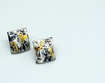 Maya by Fedha - oxidised sterling silver stud earrings, rolled with geometric pattern, Keum Boo detail