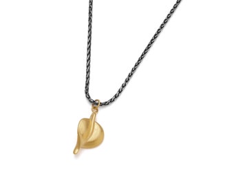 Ramona by Fedha - leaf pendant in vermeil on oxidised spiga chain, solid sterling silver casting, 24ct gold