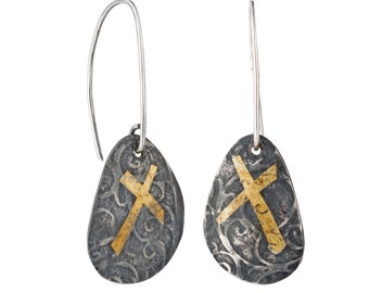 Josefina by Fedha - oxidised, embossed sterling silver dangles with Keum Boo detail