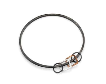 Rafaela by Fedha - oxidised silver bangle with silver and copper geometric charms, square silver wire, polished silver