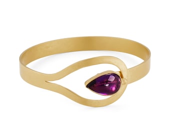 Giralda by Fedha - stylish amethyst vermeil bangle, brushed satin finish, 24 carat gold-plated silver, teardrop gemstone