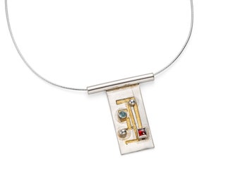 Mia by Fedha - etched pendant with Keum Boo detail and gemstones on silver omega chain, stunning statement necklace