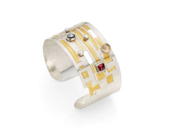 Carmen by Fedha - etched, pierced cuff with Keum Boo detail and gemstones, stunning statement piece