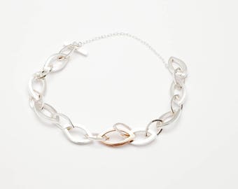 Ronda by Fedha - hand-mitred marquise-shaped links of sterling silver and yellow gold, a bespoke, unique, one-off piece