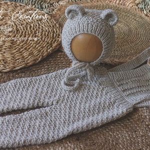 Knitted Teddy Bear Outfit: Ecru White Bonnet and Dungarees (9-18 Months) Photography Prop