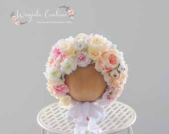 Flower Bonnet for 6-12 Months Old | Photography Prop | Pastel Colours, White, Pink | Artificial Flower Headpiece | Handmade