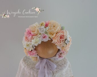 Flower Bonnet for 6-12 Months Old | Photography Prop | Pastel Colours, White, Pink | Artificial Flower Headpiece | Handmade