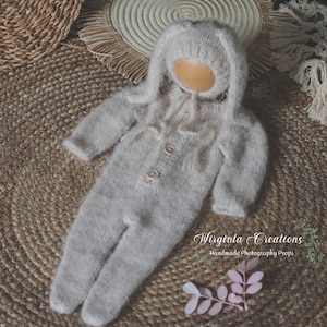 Mushroom Beige Knitted Newborn Bunny Outfit with Matching Bonnet - Photo Prop