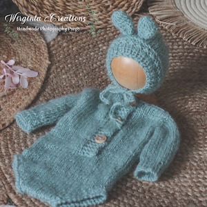 Knitted Newborn Bunny Romper with Matching Bonnet | Mint or Plum Colour | Photo Prop Outfit