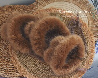 Knitted Teddy Bonnet: Brown Faux Fur Newborn Photography Prop