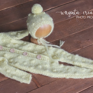 Handmade Mohair Newborn Photography Prop Set | Light Yellow Romper & Hat | Knitted Photo Props