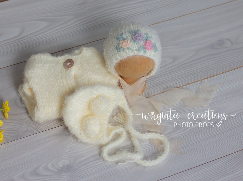 ivory Newborn cream Knitted Teddy bear bonnet Ready to send Fuzzy footed romper and matching hats set