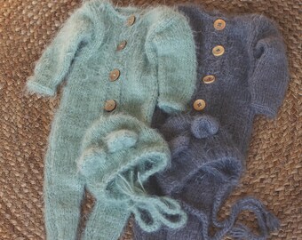 Newborn Footed Romper and Matching Bonnet | Photo Prop | Colours available: Dark Grey, Mint | Knitted Teddy Bear Outfit | Ready to Send
