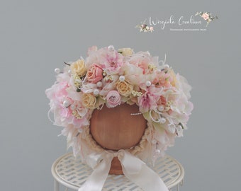 Handmade Flower Bonnet for Babies 12-24 Months | Pastel colours | Artificial Flower Headpiece for Photography