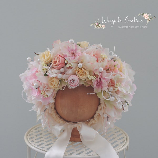 Handmade Flower Bonnet for Babies 12-24 Months | Pastel colours | Artificial Flower Headpiece for Photography