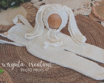 Knitted Bunny Outfit: Cream Bonnet and Dungarees, 18-24 Months, Photo Prop