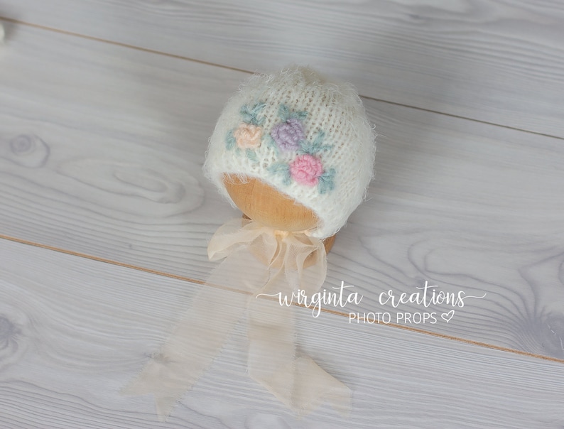 ivory Newborn cream Knitted Teddy bear bonnet Ready to send Fuzzy footed romper and matching hats set