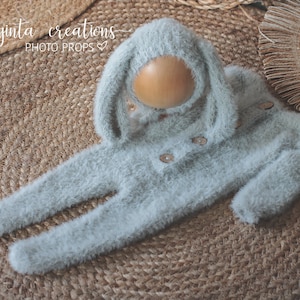 Hand-Knitted Newborn Bunny Romper Set: Grey Fuzzy Yarn, Floppy Ears Bonnet