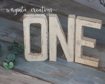 Large size Wooden distressed letters ONE. Cake Smash. Photography prop. Wooden decoration. Birthday. Height 26 cm. Made-to-order