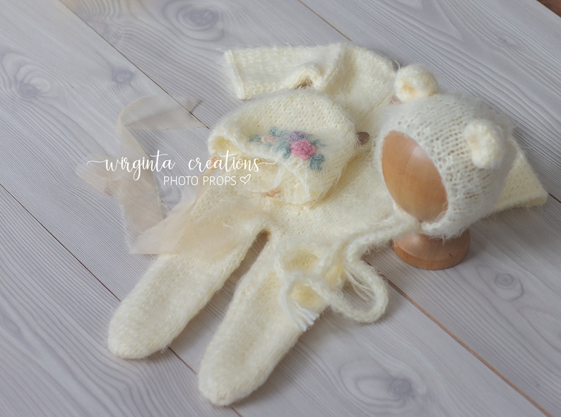 ivory Newborn cream Knitted Teddy bear bonnet Ready to send Fuzzy footed romper and matching hats set