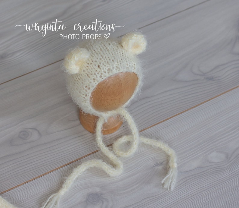 ivory Newborn cream Knitted Teddy bear bonnet Ready to send Fuzzy footed romper and matching hats set