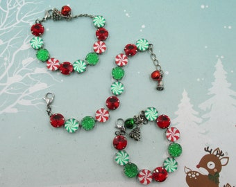 CANDY CHRISTMAS BRACELET 12mm, Red, Green Crystal Bracelets, Candy Inserts, Holiday Jewelry, Christmas Jewelry