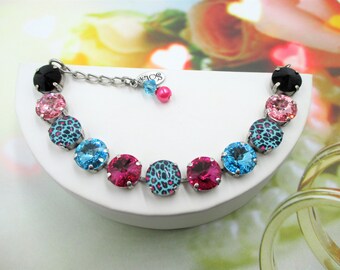 12mm crystal bracelet, Turquoise, Fuchsia, leopard print bracelet, Colorful 12mm crystal bracelet and earrings