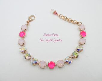 HEY GORGEOUS! Pink and AB 8mm Crystal Bracelet, Sparkle, Ice, Neon Finishes, Pink Crystal Bracelet, Item no. 1286