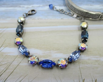 Genuine crystal bracelet, Marquis crystal bracelet, Sapphire and AB bracelet, Blue crystal bracelet, Genuine Crystals