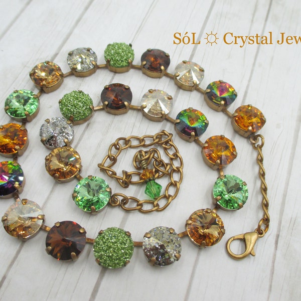 FALLEN LEAVES ~ Green, Brown, Gold Crystal Necklace, Fall Necklace, Crystals and Druzies, Fall Colors