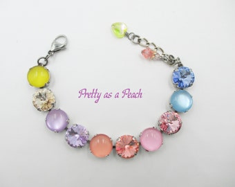 PRETTY as a PEACH 12mm Pastel Crystal Bracelet, Pink, Blue, Peach, Violet, Yellow, Tummy Sorbet Shades, Colorful Crystal Bracelet, No. 1259