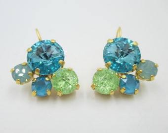 BEACH LIFE 4-Stone Crystal Earrings, Turquoise and Green, Summer Earrings, Multicolor-Multisize Earrings, Blue Crystal Earrings