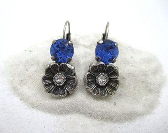 Blue and floral crystal earrings, Sapphire floral earrings, Sweet for summer, Double drop earrings